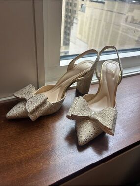 Jessica Simpson Glitter Gold Bow Slingback Heels